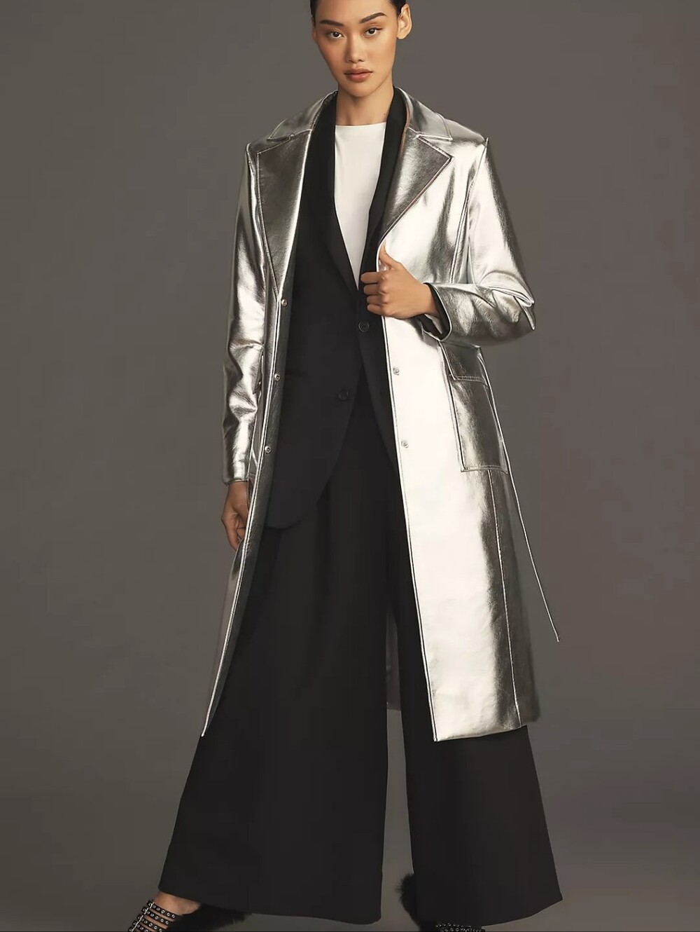 Avec Les Filles Metallic Vegan Leather Trench Coat Silver XL